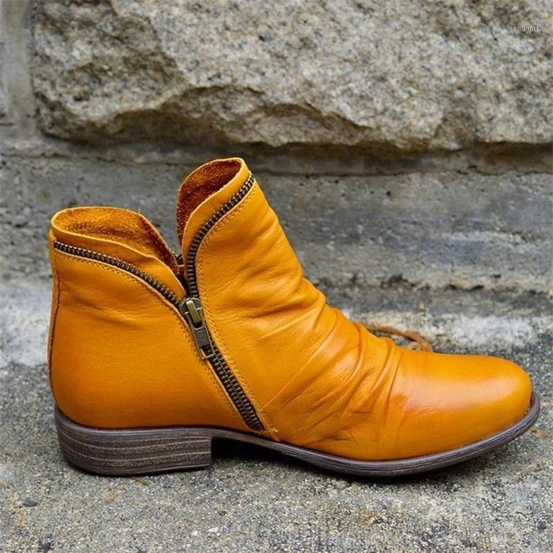 

PU Women Leather Ankle Boots Women Autumn Winter Zipper Vintage Punk Boots Flat Ladies Shoes Flat Short Snow Mujer1, Black