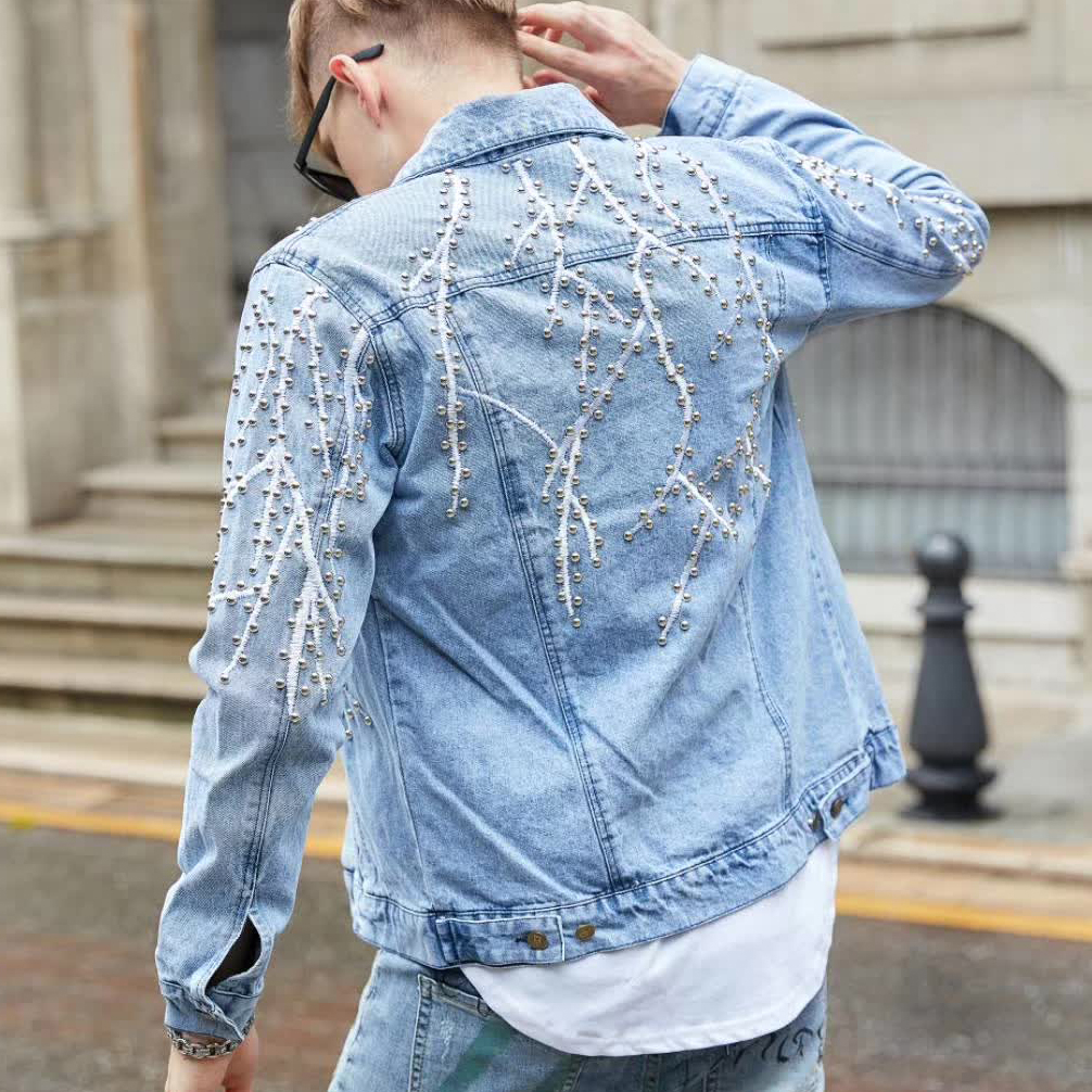 

2020 Men Punk Multi-riveted Embroidered Denim Jackets Streetwear Autumn for Male Casual Hip Hop Men's Jacket Bomber. A7lg, Blue