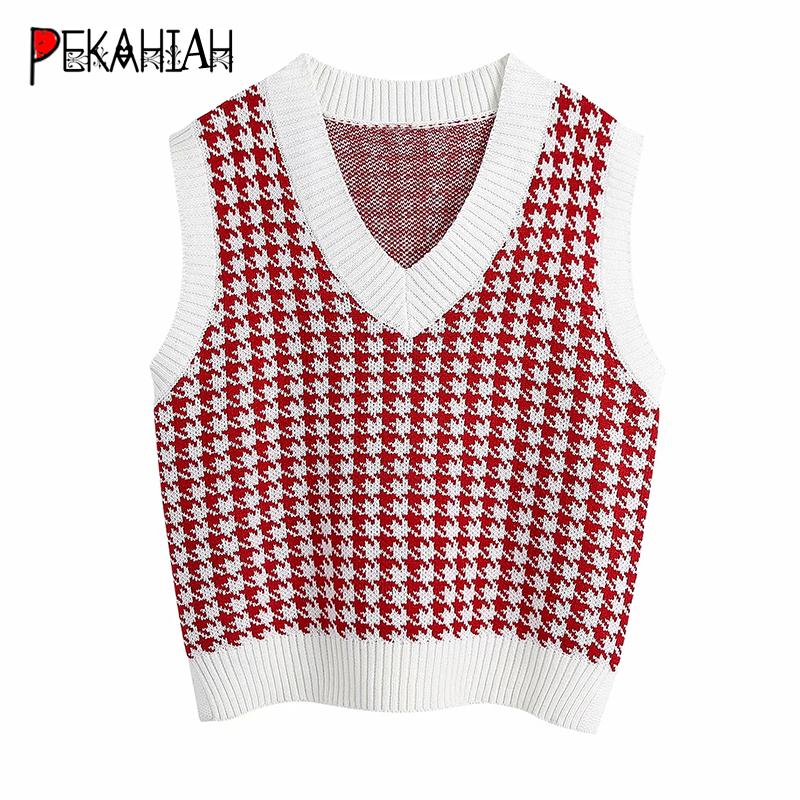 

Vintage Plaid Floral V-Neck Sweater Vest Fashion Slim Loose Oversize Sleeveless Knitted Pullover Casual Warm Pink Chic Top, Red