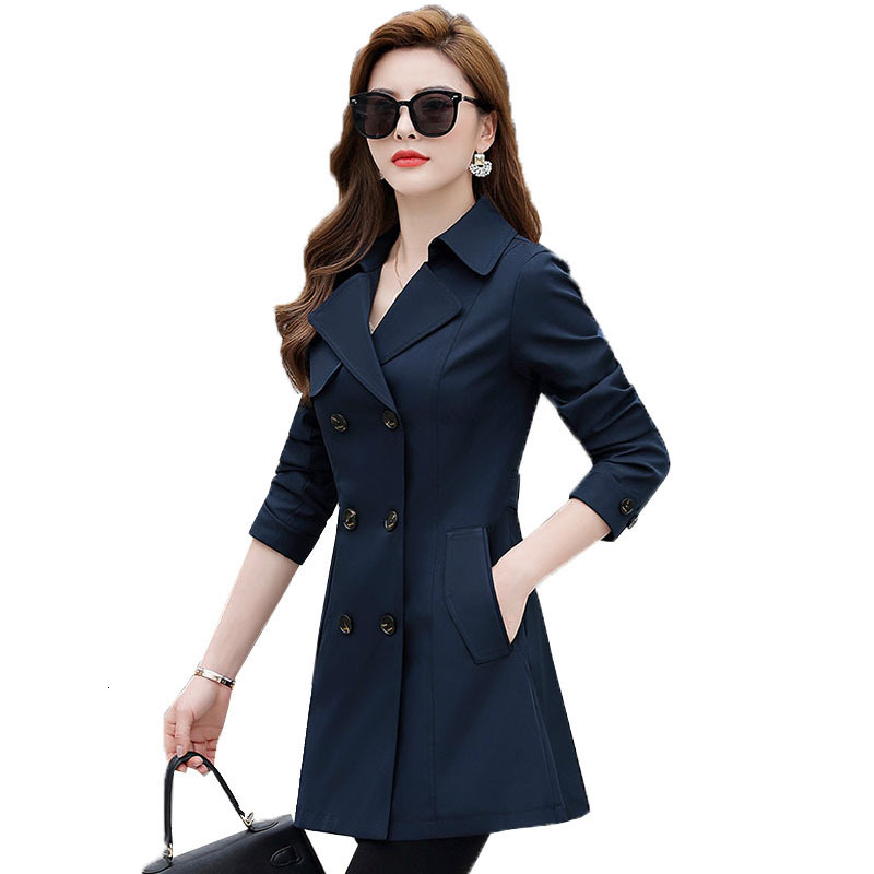 

Spring Autumn Coat New Korean Fashion Mid-female Casual Length Female Double Breasted Outerwear R864 Vtlr, Navy blue.