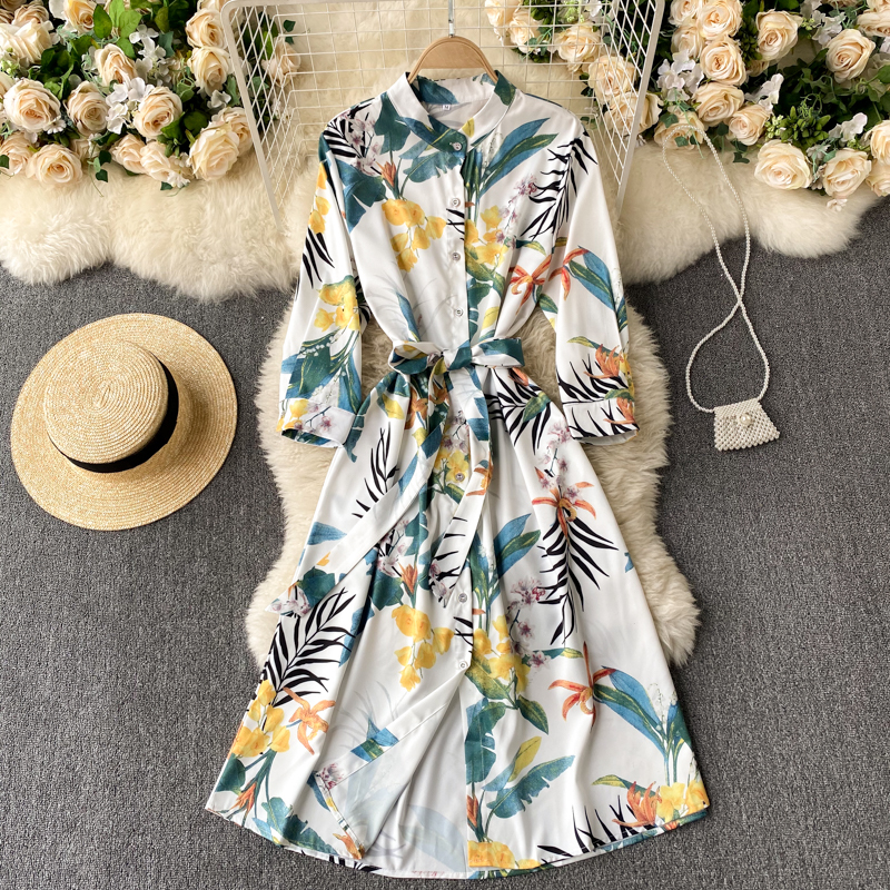 

2021 New Singiny feminine retro print single fashion dress breasted long rentals up line dresses to autumn streetwear 70GV, White