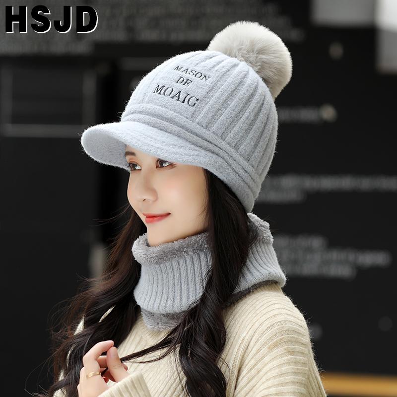 

Women's Winter Knitted Hats Scarf 2 Pcs Sets Winter Visor Hat Warm Beanie Skullies Hats Knit Letter Bonnet Balaclava Female Cap, Black