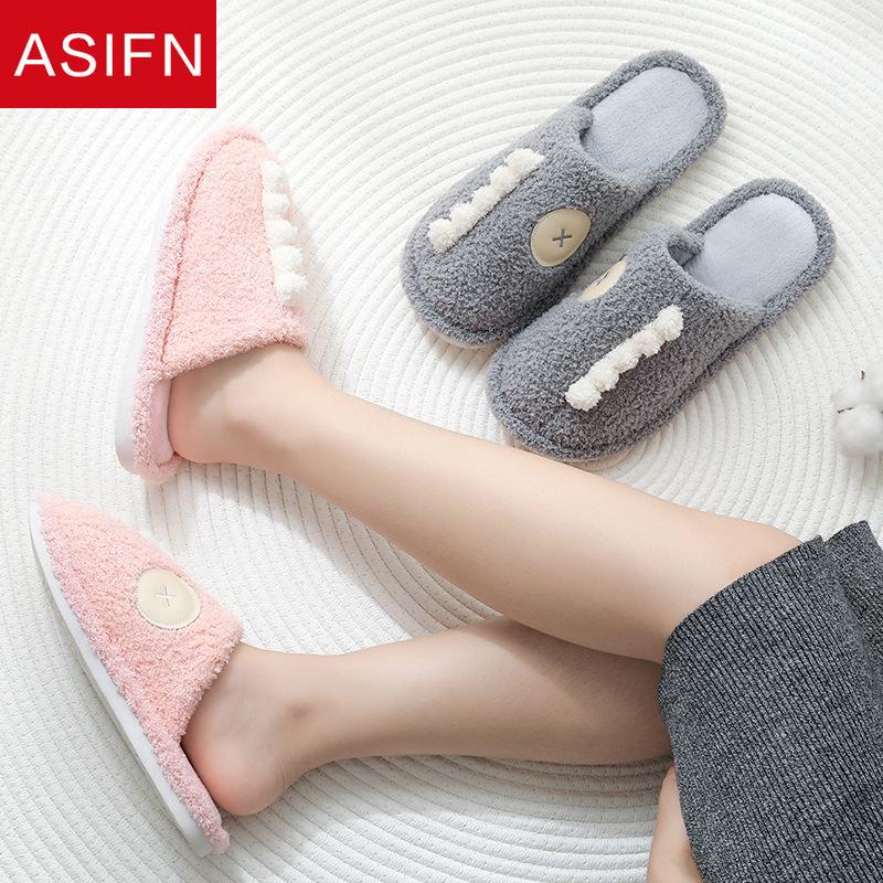 

ASIFN Simple Winter Fur Slippers Women Men Warm Cute Shoes Home Mules Indoor Chaussures Femme Furry Slippers Cotton Fabric, Red