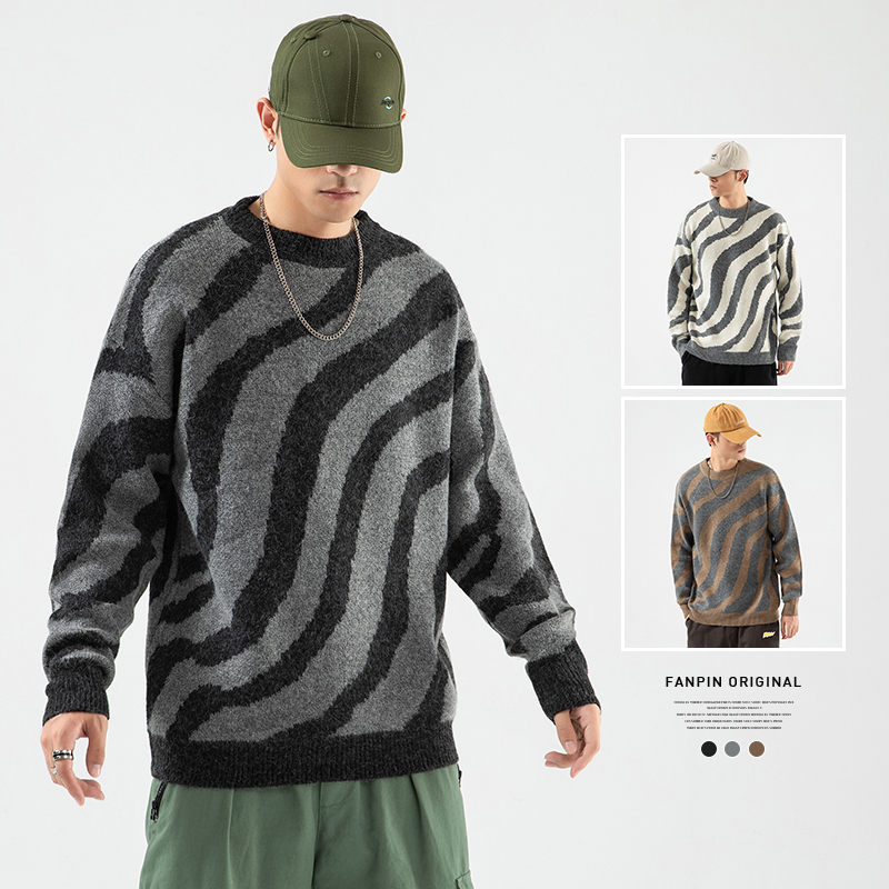 

Autumn Winter Knitted Sweater Fashion Casual O-neck Striped Sweaters Men's Oversize Pull Plus Size Long Sleeves Loose Pullovers, Black