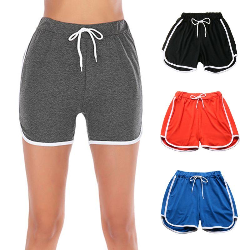 

Women Summer Mid Rise Workout Sport Shorts Drawstring Elastic Waist Dolphin Hem Yoga Pants Contrast Trimming Fitness Running Leg, Black