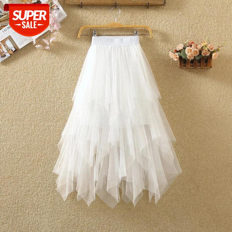 

Women irregular Tulle Skirts Fashion Elastic High Waist Mesh Tutu Skirt Pleated Long Skirts Midi Skirt Saias Faldas Jupe Femmle #ez5a, White;black