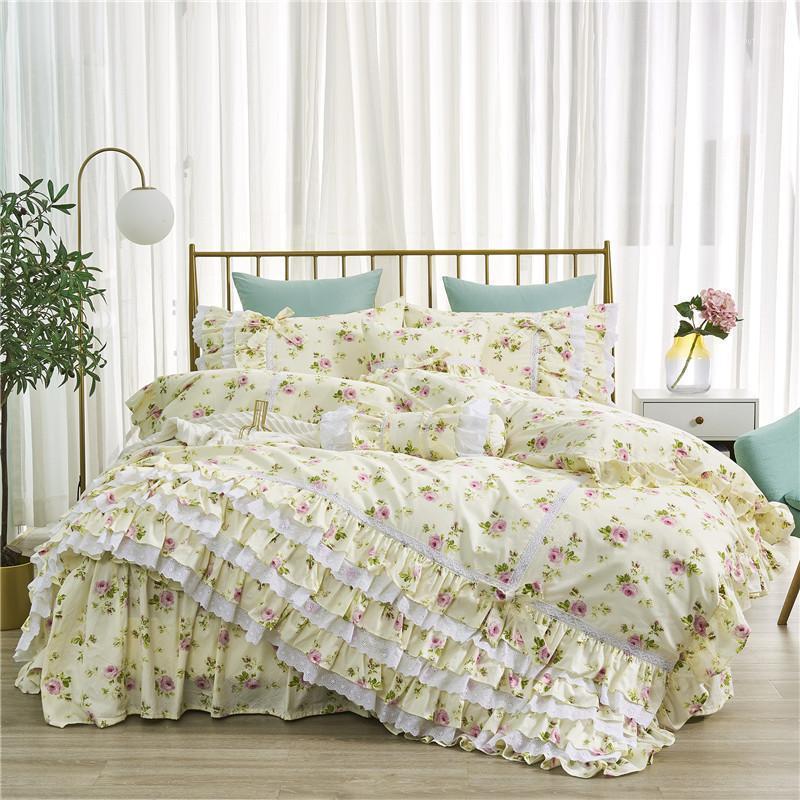 

Pure cotton Korean pastoral style princess lace ruffles embroidery skirt-style fresh floral bedding set free shipping YYX1, As pic