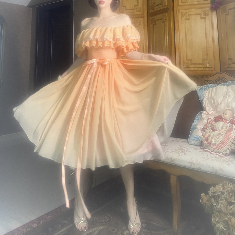 

2021 New Le Palais Vintage Orange Pixie Gradient Chiffon Long Waistcoat Mid-calf Cascading Calf Plissado Slash Neck Dress Female SF46