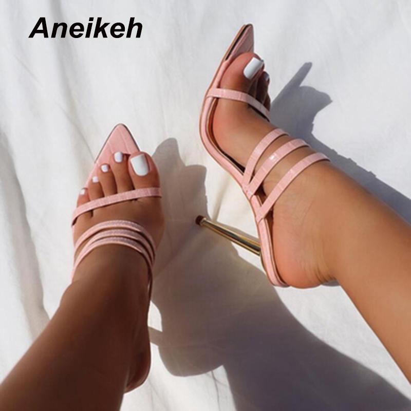 

Aneikeh 2021 NEW Summer Women's Shoes Fashion Classics Sweet Narrow Band Solid Stiletto Heels Slippers Zapatos De Mujer 35-41, Black