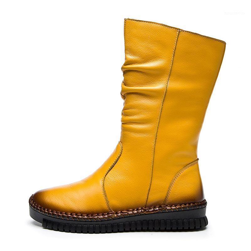 

2020 Fashion Handmade Women Boots Winter Warm Mid-calf Genuine Leather Flat Boots Women Side Zipper Casual Size 431, Yellow