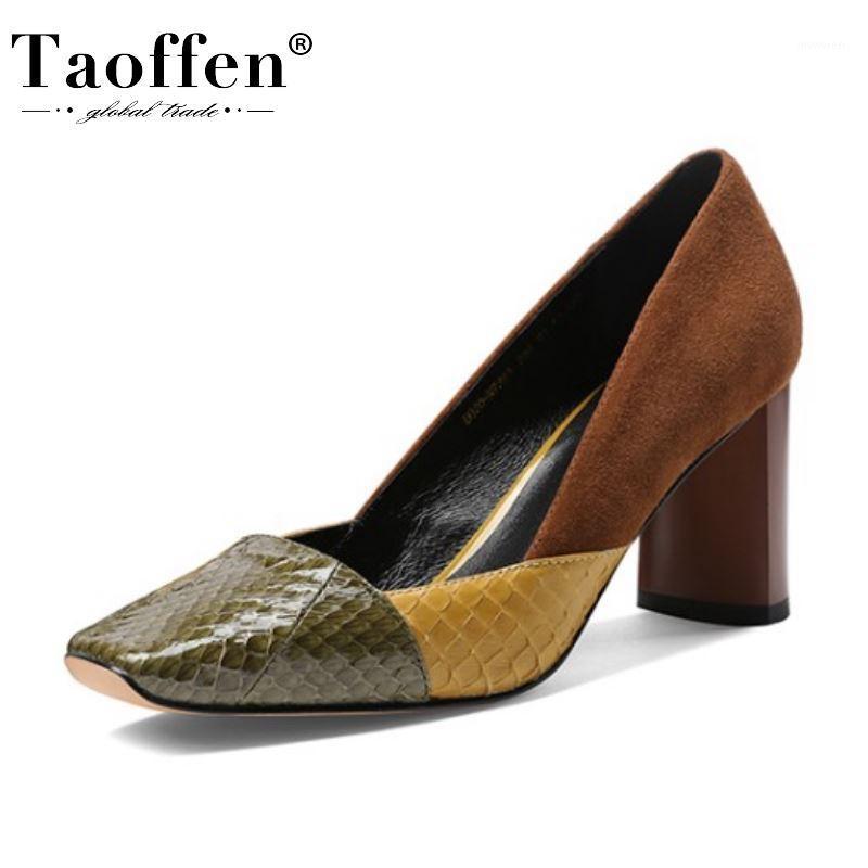 

Taoffen Real Leather Square Heel Pumps Patchwork Office Ladies Slip On Retro Classics Basic Pumps Footwear Size 34-391, Multi