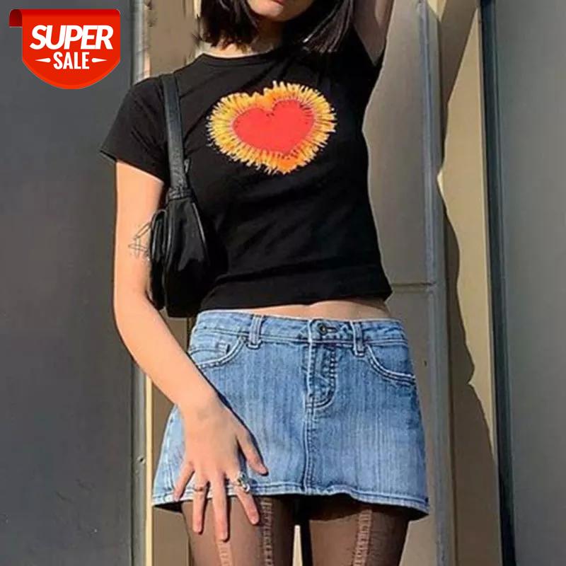 

Y2K Streetwear Heart Graphic Black T-shirts Vintage Cute O-neck Short Sleeve Tops E-girl Fashion Outfits Slim #vd46, White