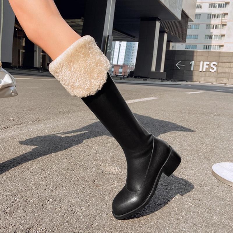 

2020 Winter Women Popular Leather Real Lamb High Boots Warm Snow Boots Long Casual Knee High Zipper Brown Size 33-431, Black
