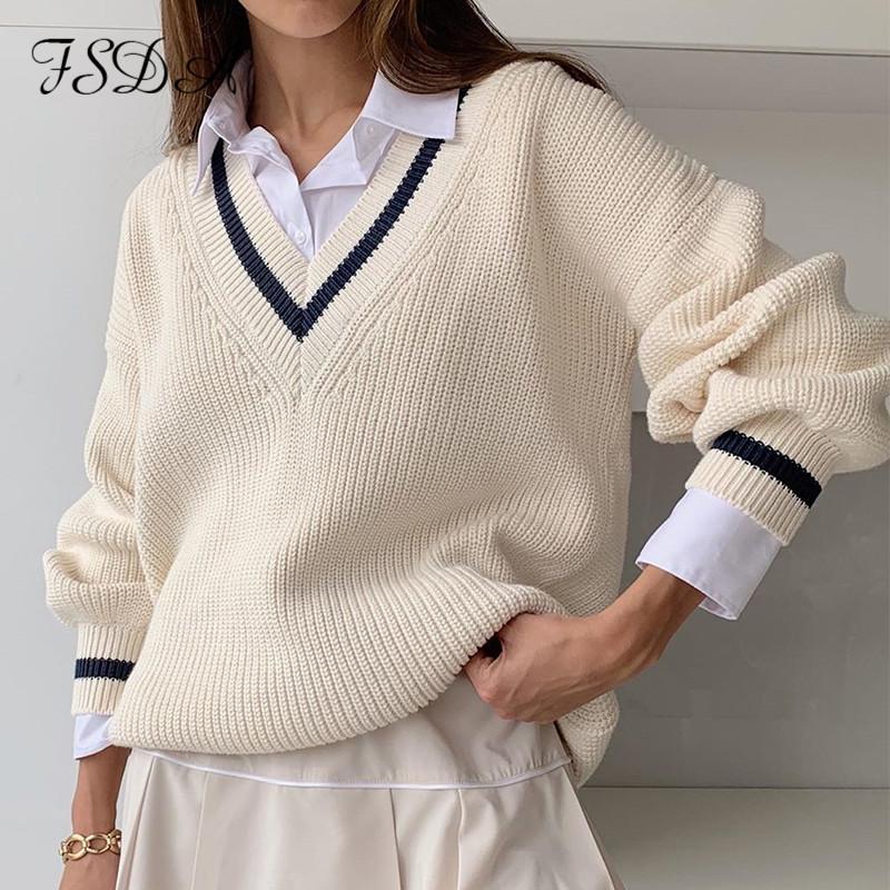 

FSDA V Neck Loose Women Sweater Autumn Winter White Long Seelve Jumper Patchwork Oversized Pullover Knitted Casual Sweaters, Beige
