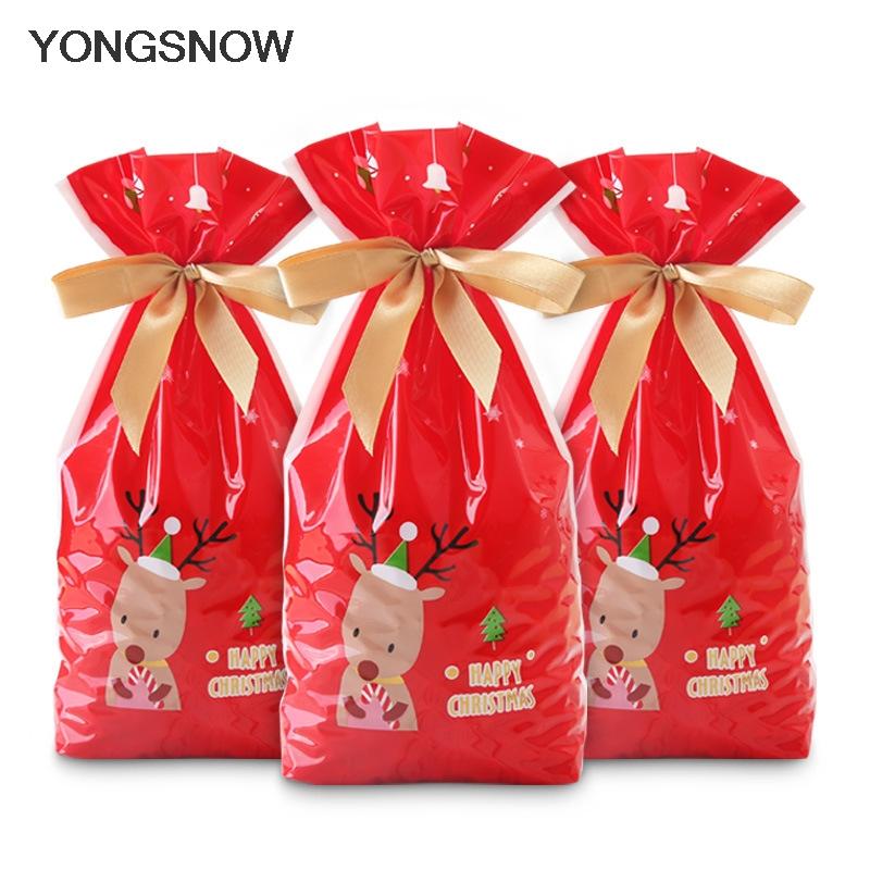 

5pcs Red Plastic Candy Bags Christmas Elk Candy Sweet Treat Bags Xmas Festival Gifts Holders Bake Biscuit Cookies Packaging