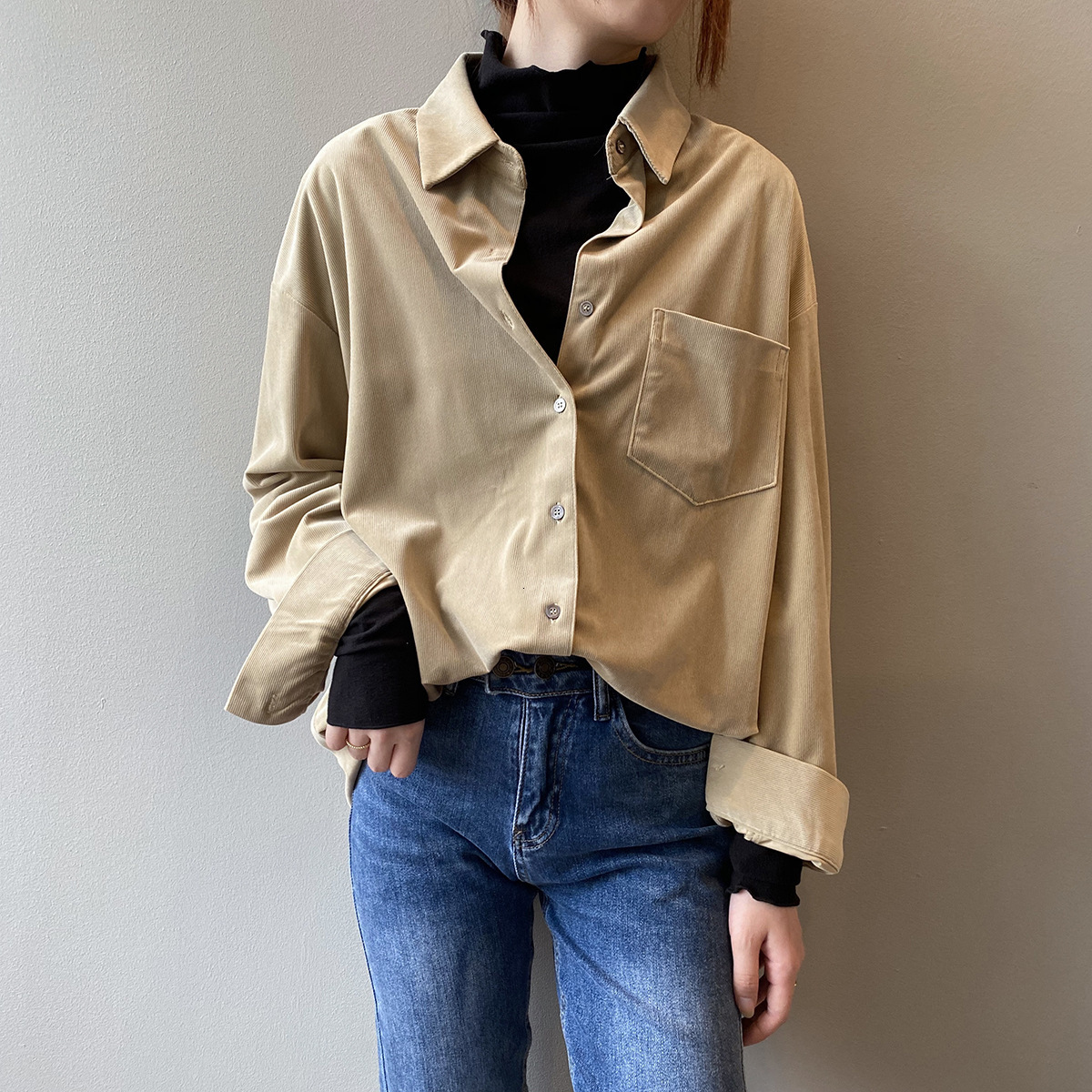 

2021 New Women Autumn Corduroy High Quality Turn Down Collar Pure Color Womens Tops and Blouses Shirt Blusas Roupa Feminina Gtvp, Khaki