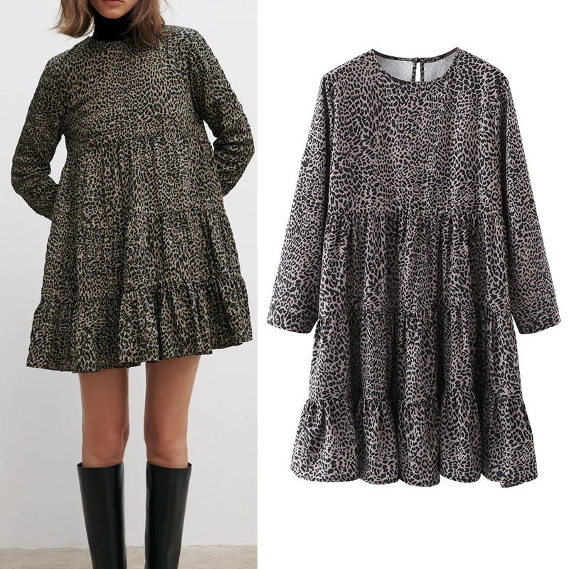 

2021 New Leopard Printed Mini Women Vintage Ruffle Winter Long Sleeve Dress Woman Loose Ruched Casual Ladies Dresses W12n