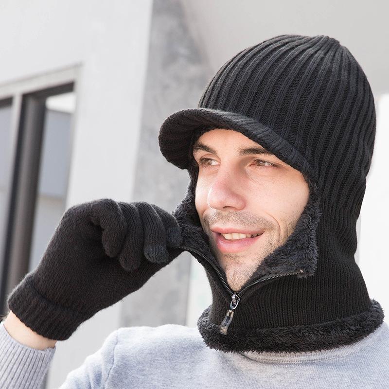 

Men's Winter Knitted Hat Warm Thick Add Fur Lined Beanies Hats With Zipper Keep Face Warmer Balaclava Caps Ski Cap