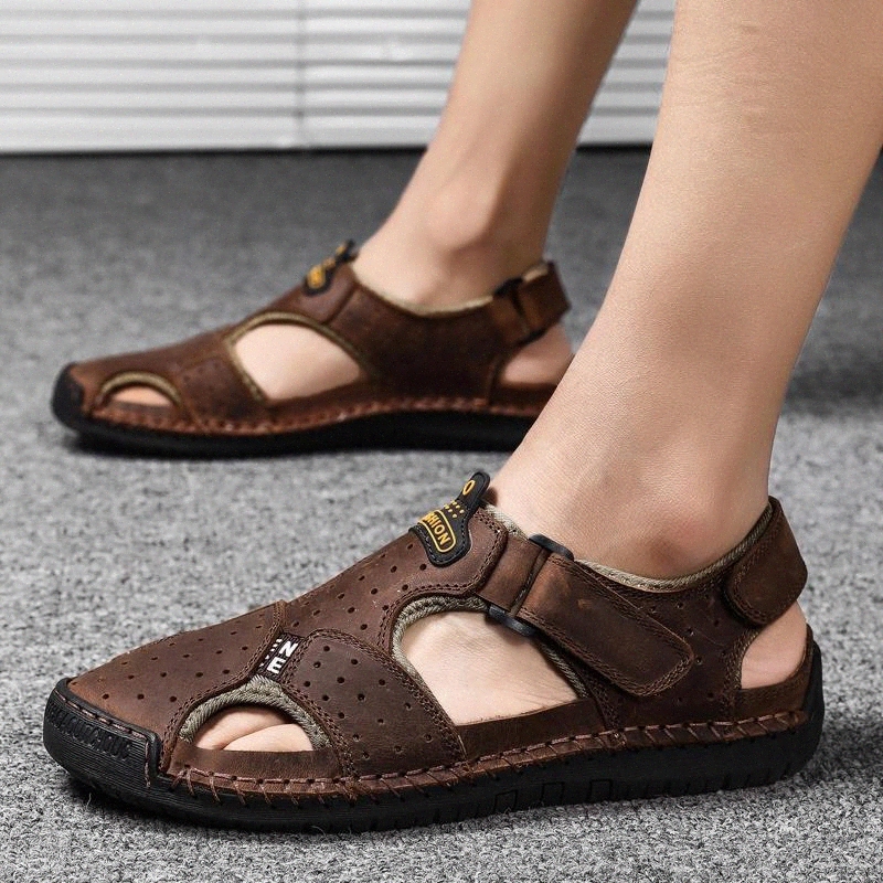 

New Big Size Genuine Leather Cowhide Men Sandals Summer Quality Beach Slippers Casual Sneakers Outdoor Beach Shoes zapatos hombr #5U4m, Black