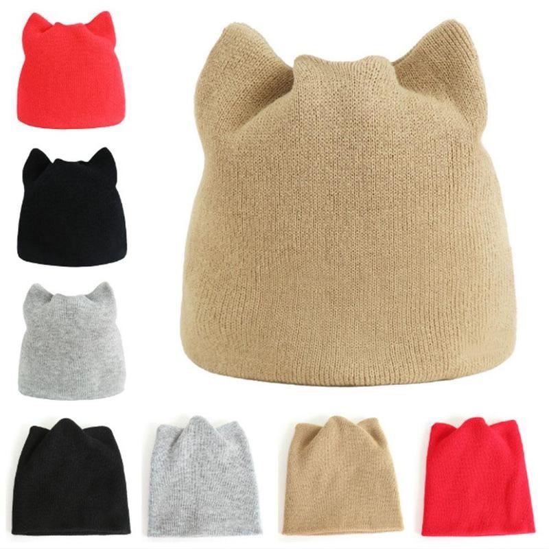 

1pc Cat Ear Knit Pullover Cap Cute Beanies Women Knitting Warm Earmuffs Hat Solid Color Women Winter Cat Ear Knit Pullover Cap, Black