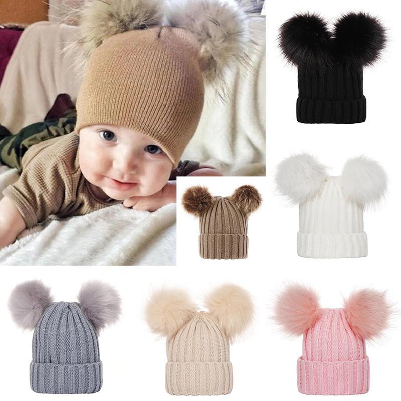 

2020 Warm Beanie Cap Cute Lovely Outdoor Bonnet Enfant Hat Cute Baby Kids Winter Warm Knitted Hat Furry Balls Pompom for kids1