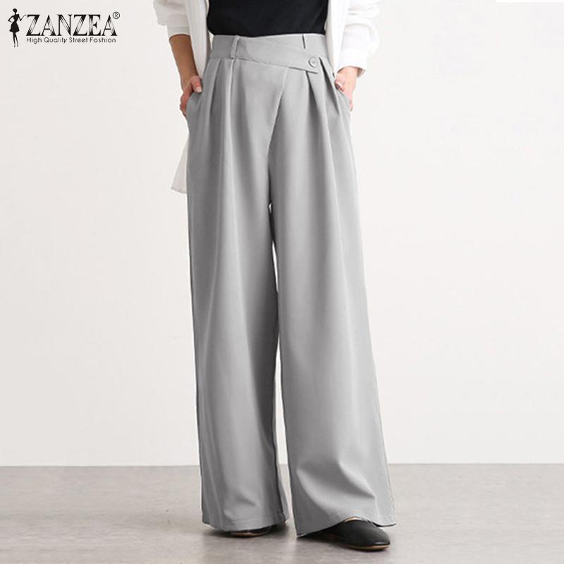 

Plus Size Women' Casual Trousers Elastic Wasit ZANZEA Elegant Wide Leg Pants Long Pantalon Palazzo Female Casual Solid Turnip1, Black