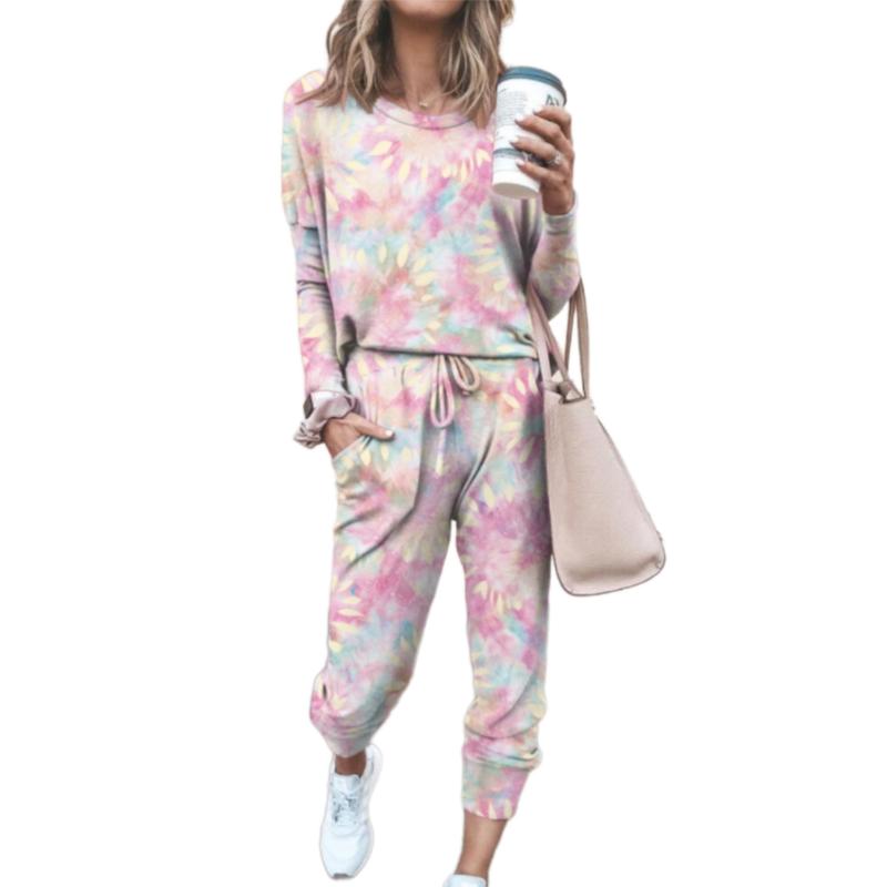 

Women New Autumn Fashion 2 Pieces Sweatsuit Set Casual Tie Dye Print Long Sleeve Top + Drawstring Pants Set Tracksuit Daily Wear