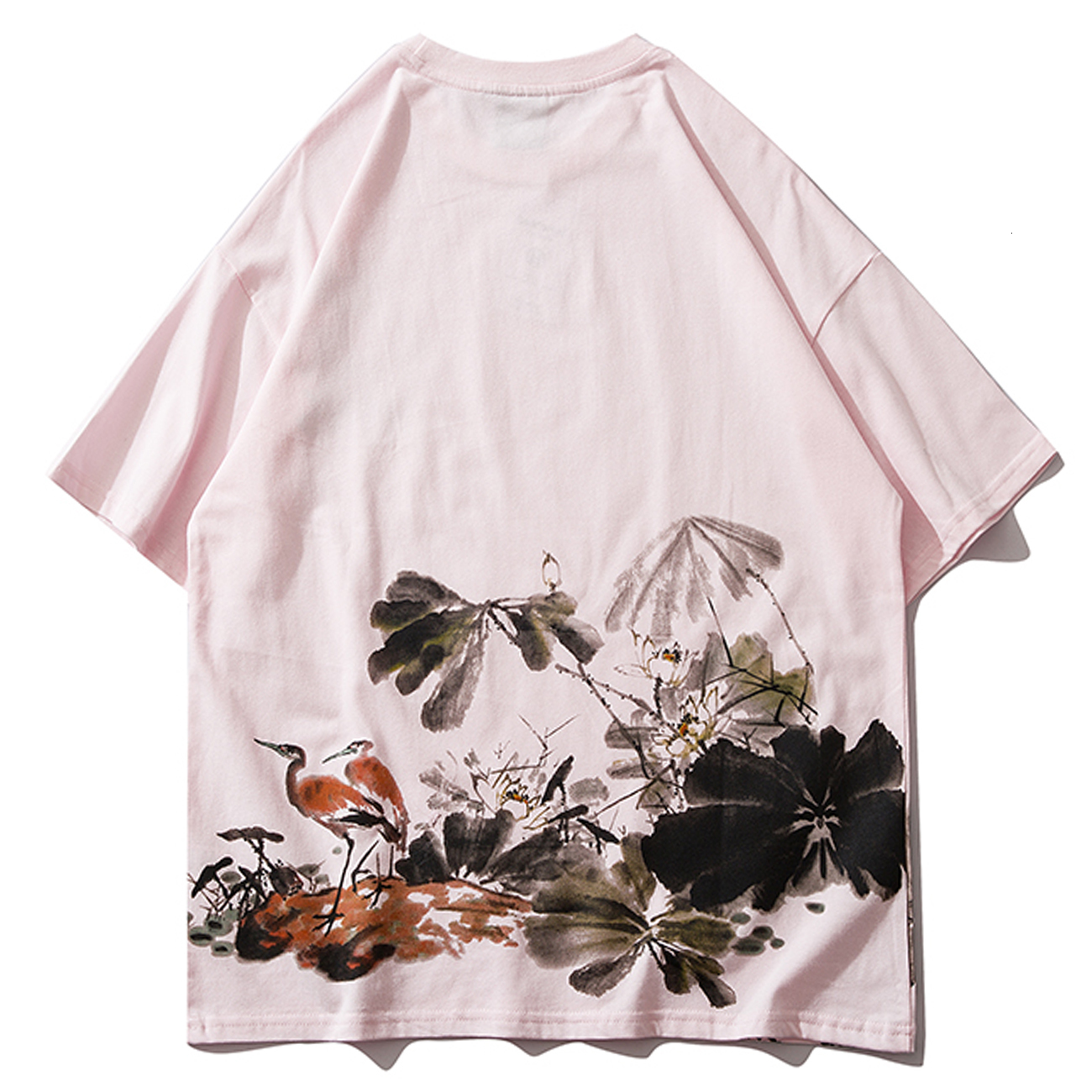

New Harajuku T-shirt Men Streetwear Lotus Crane Painting Print Tshirts 2021 Summer Oversized Tshirt Cotton Short Sleeve Shirt White 2pi7