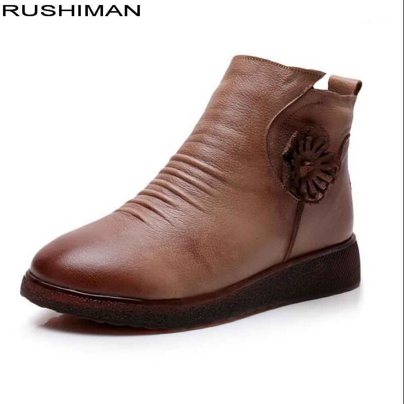 

Winter new retro ethnic style Genuine Leather flat Ankle Boots women shoes flat bottom leisure soft bottom cattle leather boots1, Black