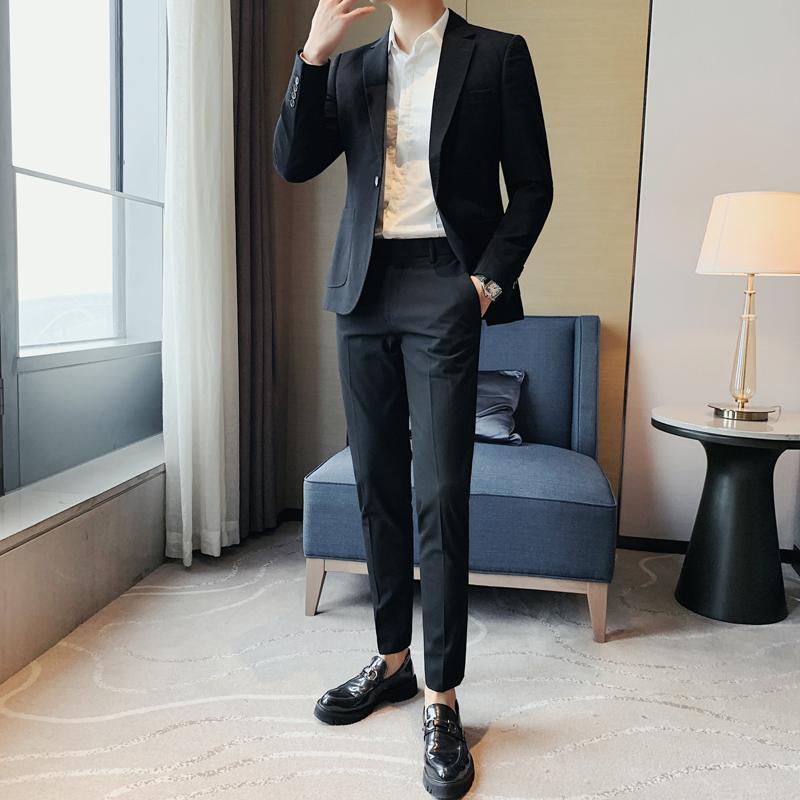 

High Quality Autumn Winter Formal Wear Suit Men Clothing Fashion 2020 British Style Slim Fit One Button Casual Wedding Dress 3XL, Black