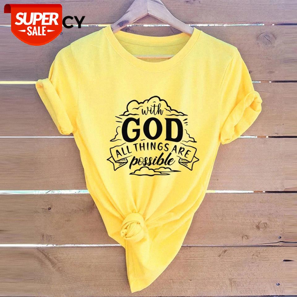 

JFUNCY Plus Size 100% Cotton Summer T Shirt With God All Things Are Possible Letter Print Women Short Sleeve T-shirt Female Tees #F15S, White