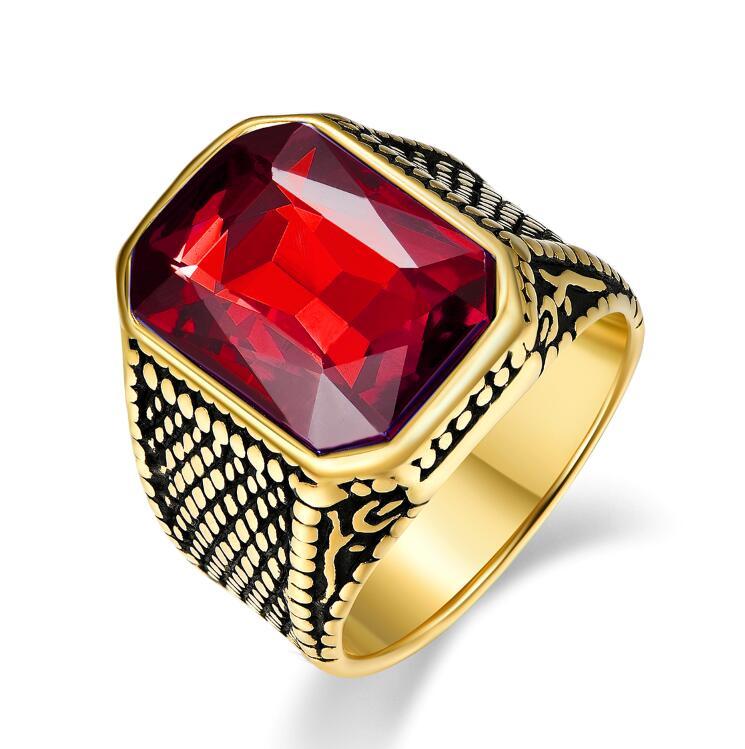 

Stainless Steel Ring with Blue Green Red Color Crystal Glass Stone Inlay Vintage Style Wedding Birthday Band for Men Male