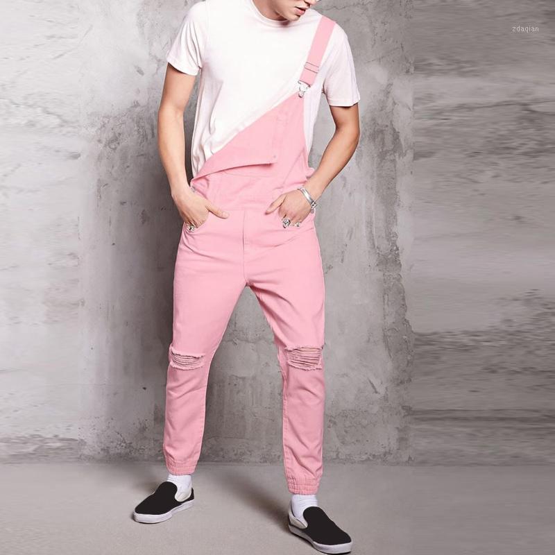 

2020 High Street Pockets Jeans Men Fashion Slim Fit Denim Jumpsuits Modish Strap Overalls Casual Suspender Distressed Jeans Pant1, Pink