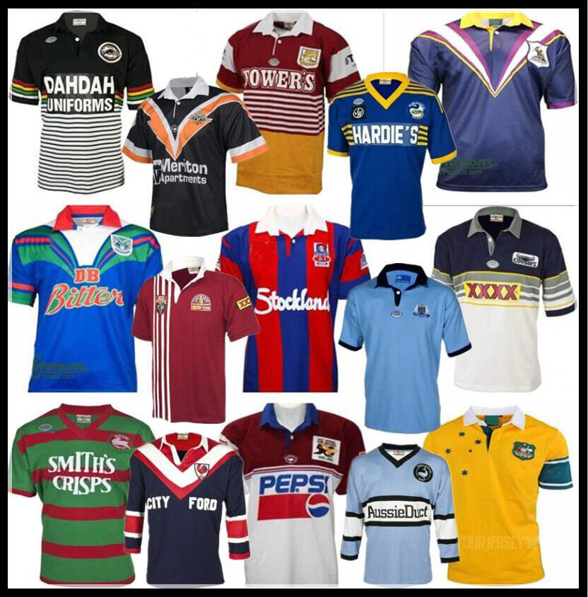 

RETRO RUGBY JERSEY Penrith Panthers Australia Sydney Roosters St George Illawarra Melbourne Storms Warriors Knights Queensland Cowboys, Black;gray