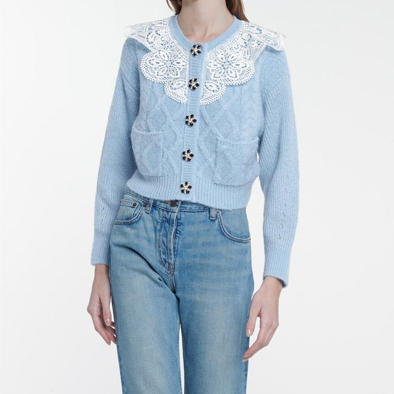 

Women Lace Knit Cardigan Crystal Buttons O-neck Sweet Long Sleeve Double Pockets Knitwear Sweater, As pic