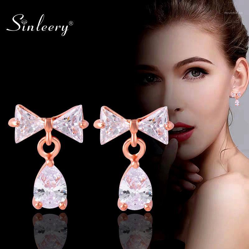 

SINLEERY Cute Bow Bowknot Drop Earrings For Women Rose Gold Color Teardrop Cubic Zirconia Fashion Jewelry Gift Es719 SSB1