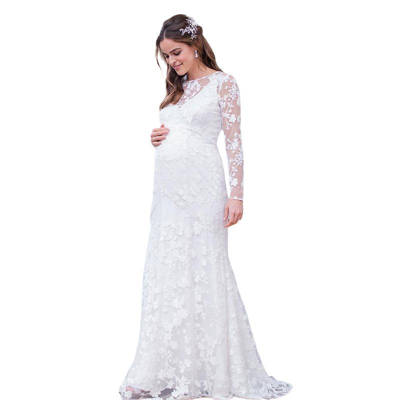 

Maternity Dresses for Baby Showers Long Sleeve lace Pregnant Women Maxi Gown Dress Princess Pregnancy Dress for Photo Shoot, Ivory