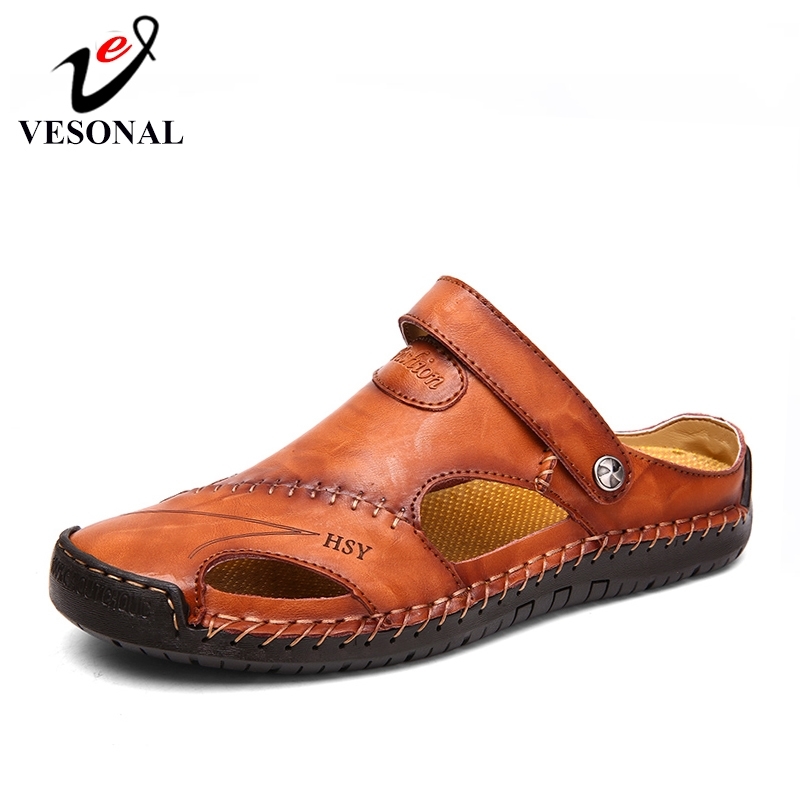 

VESONAL Summer Genuine Leather Out door Shoes Men Sandals Handmade Classic For Male Soft Walking Beach Sandalias Sandal Slides Y200107, Black