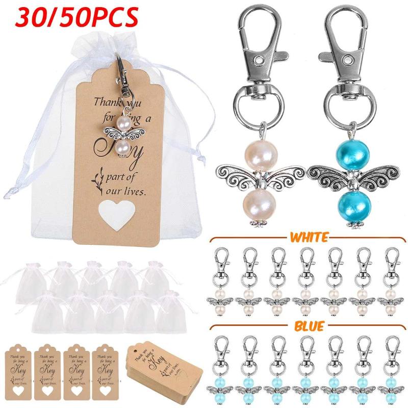 

New 30/50 Pieces Wedding Party Angel Keychain Ring White/Blue Keychain Baby Gift Gift Pendant Christmas