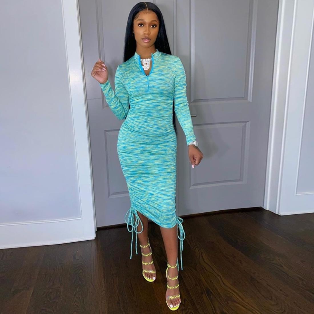 

Printed Round Neck Long Sleeve Drawstring Dress