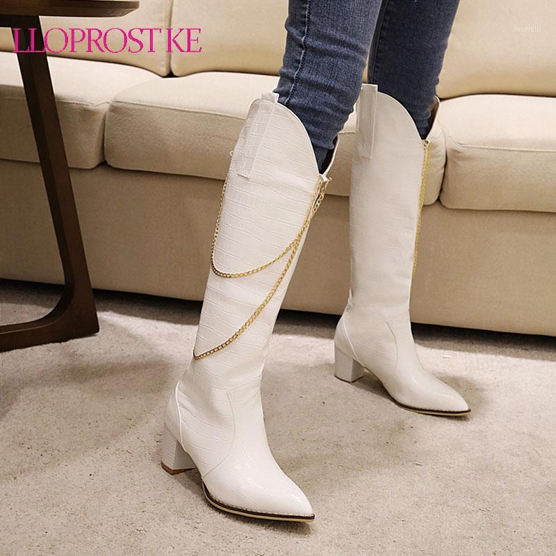 

Lloprost ke Hot Sales Women Knight Boots 2020 Autumn/Winter Western Boots Thick Heel Pointed Metal Chain Knee-High Black1, Black
