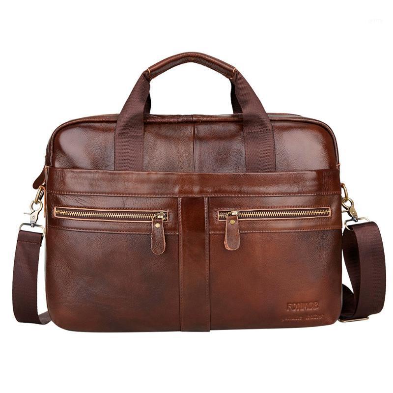 

Men Bag Double Zipper Briefcase Handbag Cowhide Leather Computer Bag messenger bandolera hombre maleta bandolera hombre1, Brown