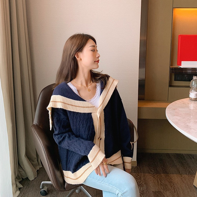 

2021 New Fall Sea Turtleneck Short Female Sweater Lazy Crochet Faculty Cardigan Sweet Student Contrast Necklace Y2k Kintwear YA25, Navy blue.