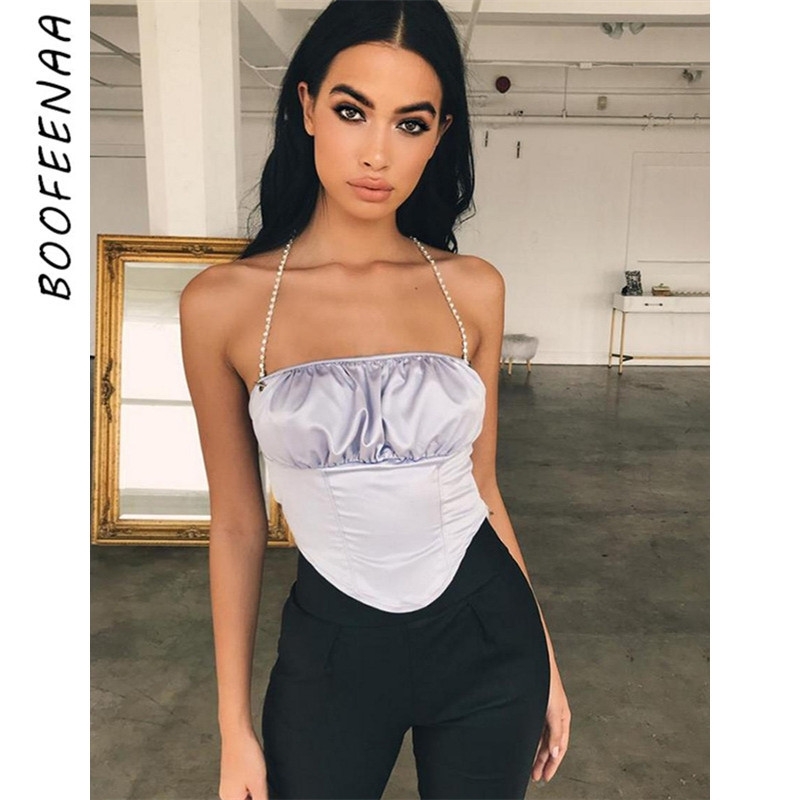 

BOOFEENAA Backless Halter Bustier Crop Top Womens Tanks Sexy Clothing Rhinestone Chain Strap Summer Tops Satin Camisole C71-H59 Y200415, Beige