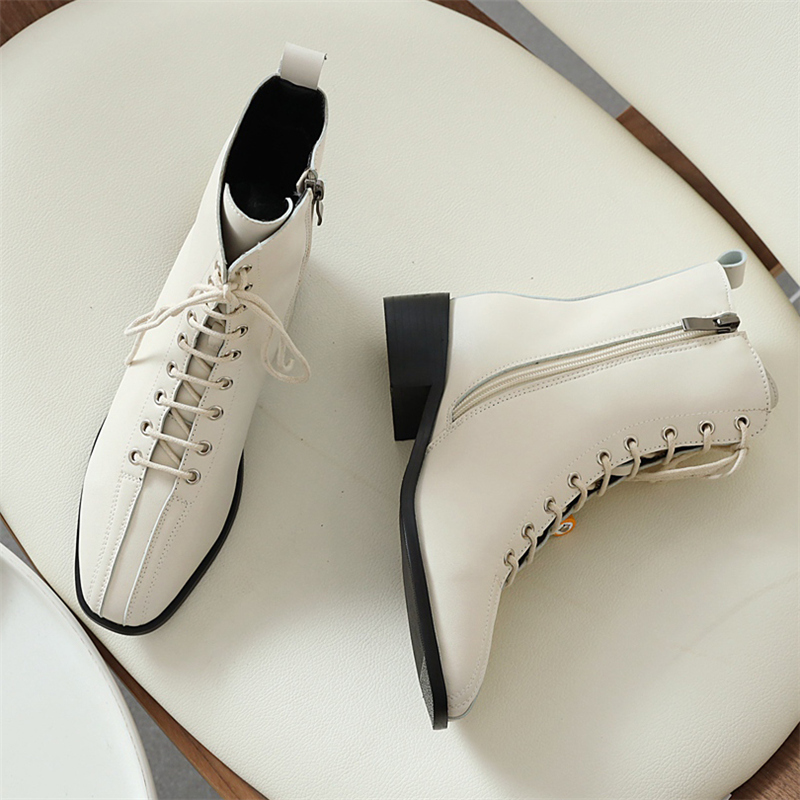 

2021 Women Chunky High Heels Ankle Winter Luxury Leather Toe Foot Lace to Boots More Size Shoes R1sn, Black