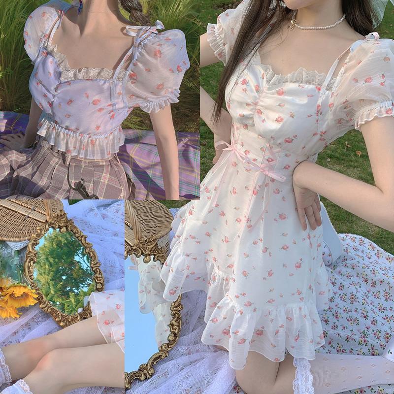 

Princess sweet lolita blouse Bobon21 Pattern super sweet and fashion blouse little flower Waist Chiffon women TD1882, Pink