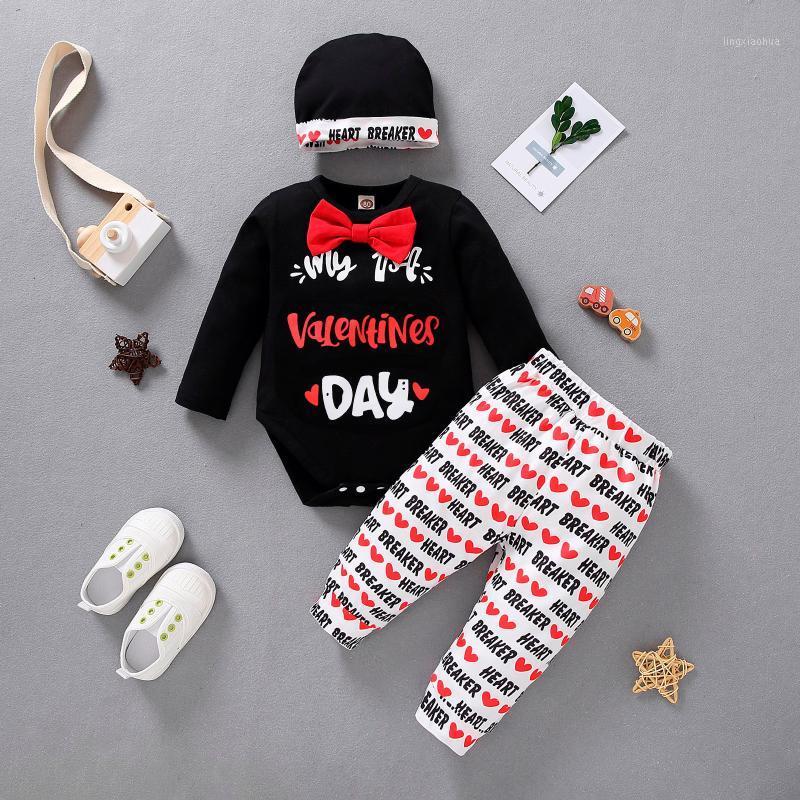 

Infant Baby Boy Girl Clothes Set Newborn Long Sleeve Valentine's Day Letter Print Romper Bodysuit+Heart Pants+Hats Outfit Set1, Black