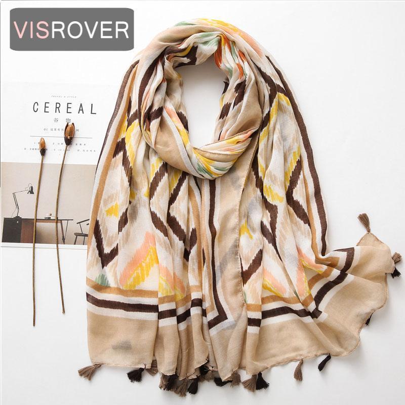 

Scarves VISROVER Brown Geometric Printing Viscose Autumn Women Scarf Tassel Fashion Winter Yellow Shawls Hijab Gift Wholesales1