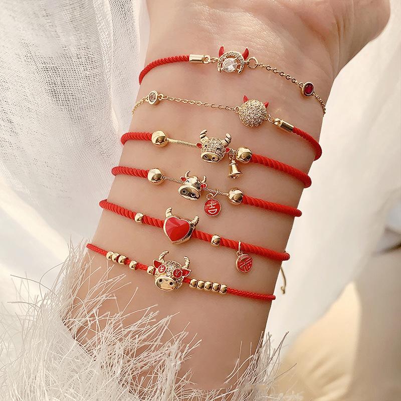 

Charm Bracelets 2021 Handmade Red Rope Rhinestone Zodiac Ox Cow Adjustable Bracelet For Women Girls Birthday Gifts Chain Bangles Fashion Jew