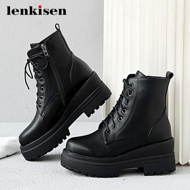 

Lenkisen 2020 hot sale winter new boots genuine leather cross-tied round toe high heels zipper fashion keep warm ankle boots L131, Black